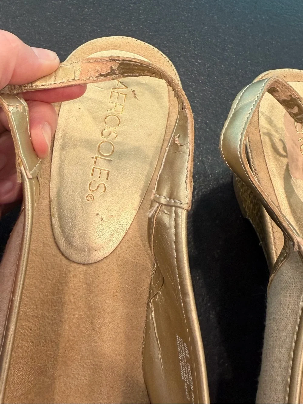 Aerosoles Dozen Roses Gold Linen Slingback Wedge Peep Toe Sandals 9M